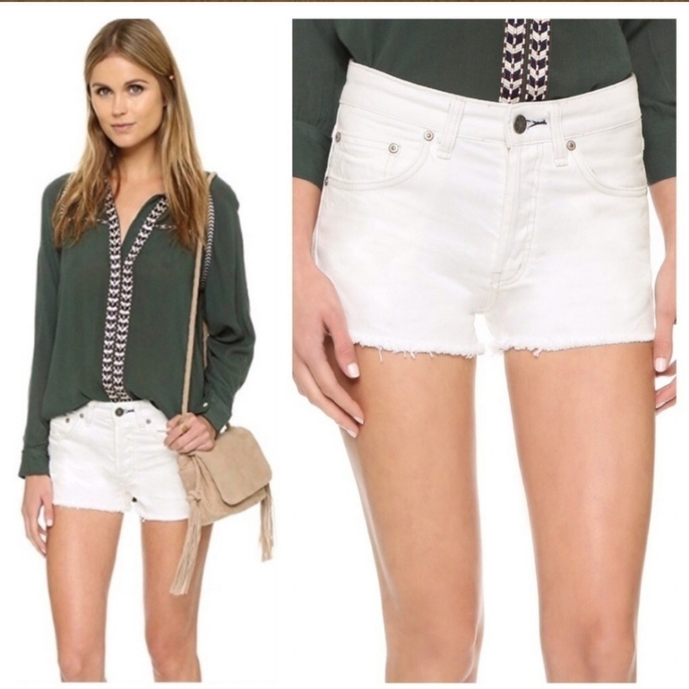 Free People Uptown High-Waisted Swan White Denim Raw Hem Jean Shorts Waist 25
